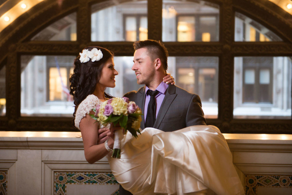 Bride and Groom in front of the window in Chicago Cultural Center