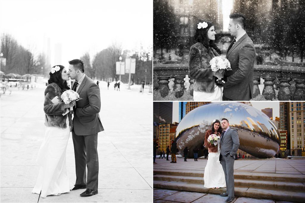 Collage of wedding photos of bride and groom taken in Millennium Park in Chicago
