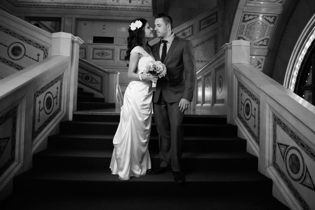 Black and white photo of bride and groom in Chicago