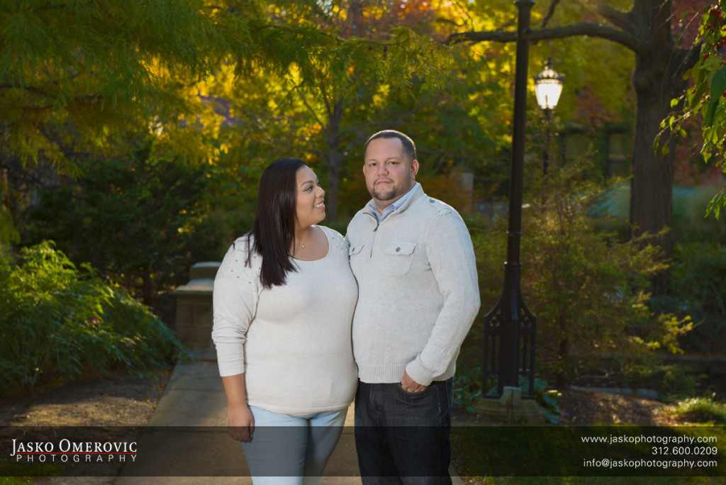 Couple's Engagement Session Before Their Wedding, standing together at the University Of Chicago Campus