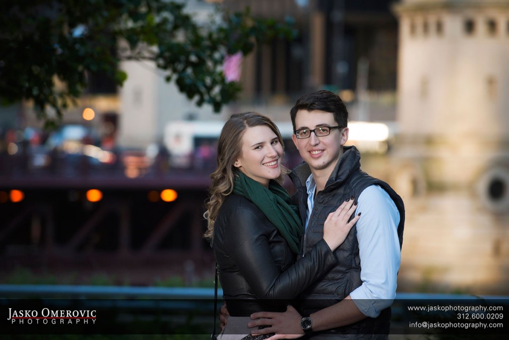 Chicago engagement session of a couple near river walk.