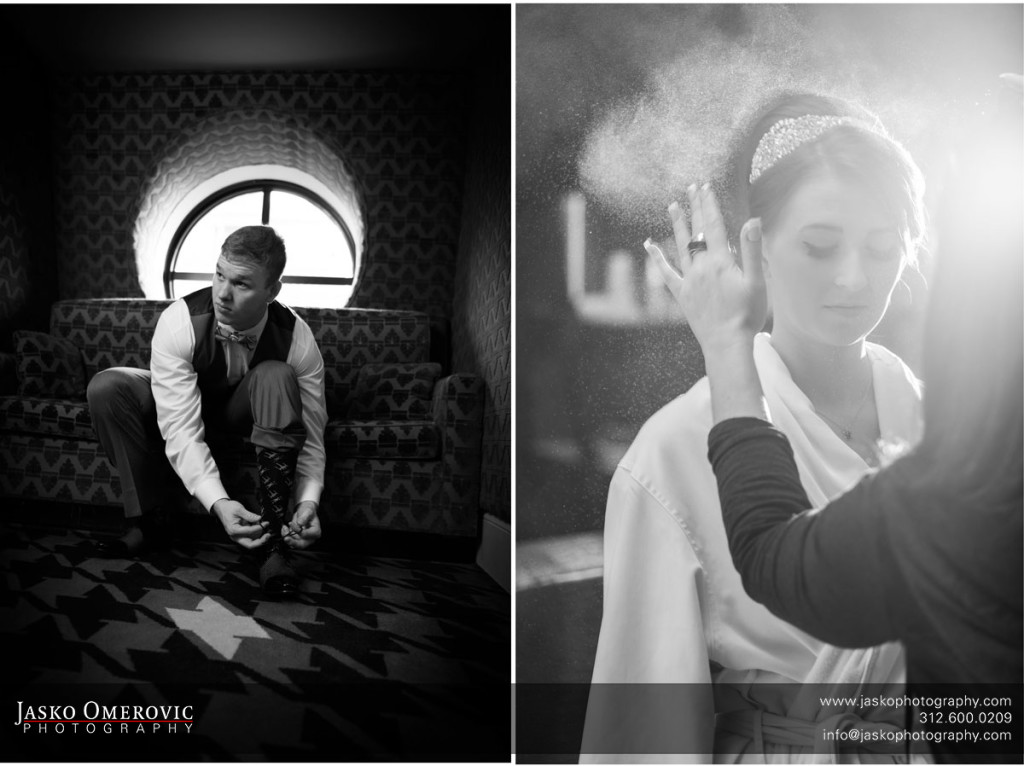collage photo of bride and groom getting ready with spray around bride.