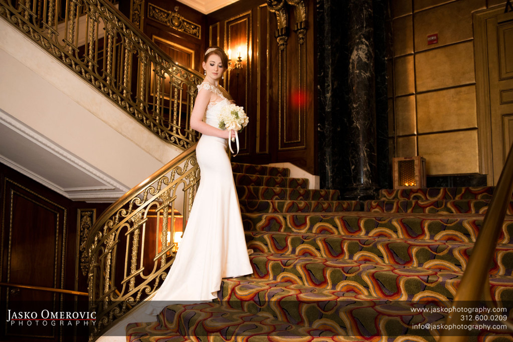 Bride Portrait stanging on the Stairs of blackstone hotel