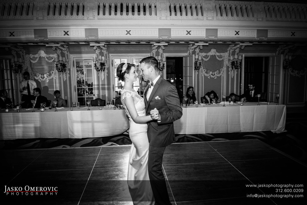 Bride and Groom first dance in a beautiful blackstone hotel wedding reception hall in Chicago