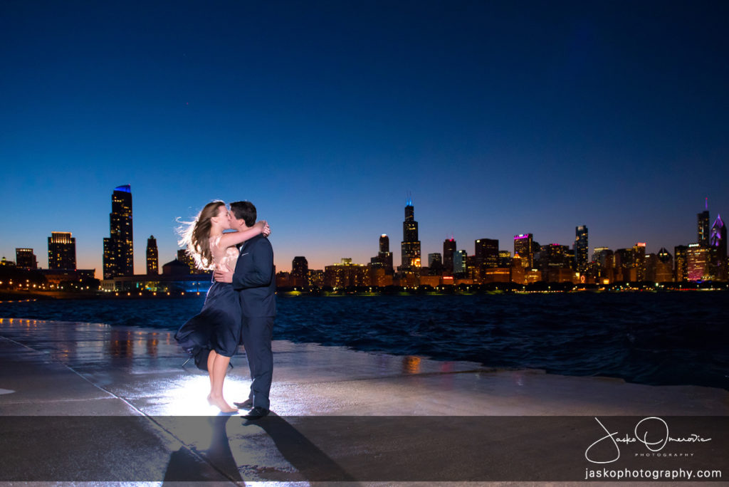 Coupole Kissing On Lakefront With Chicago Skyline in The Background