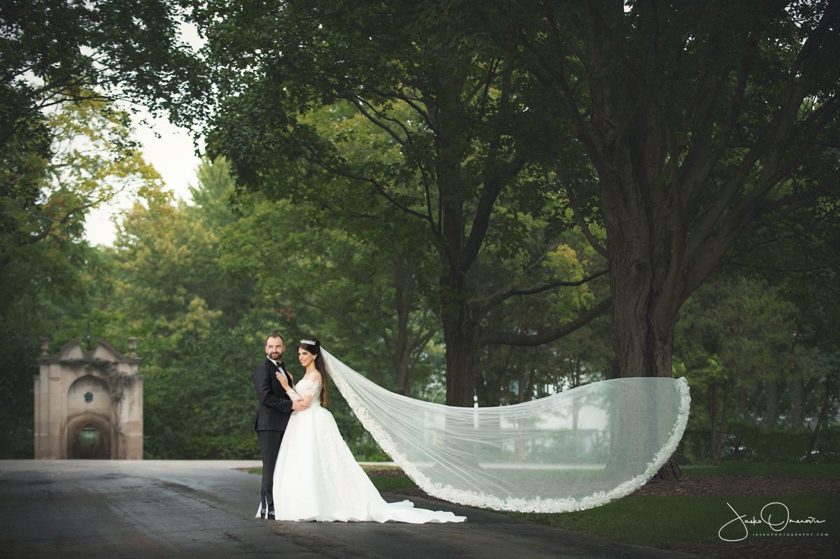 Bride and Groom at the Park with brides veil flying of into the wind