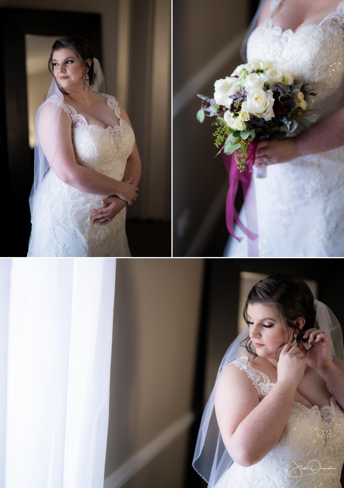 bride holding flowers looking through the window