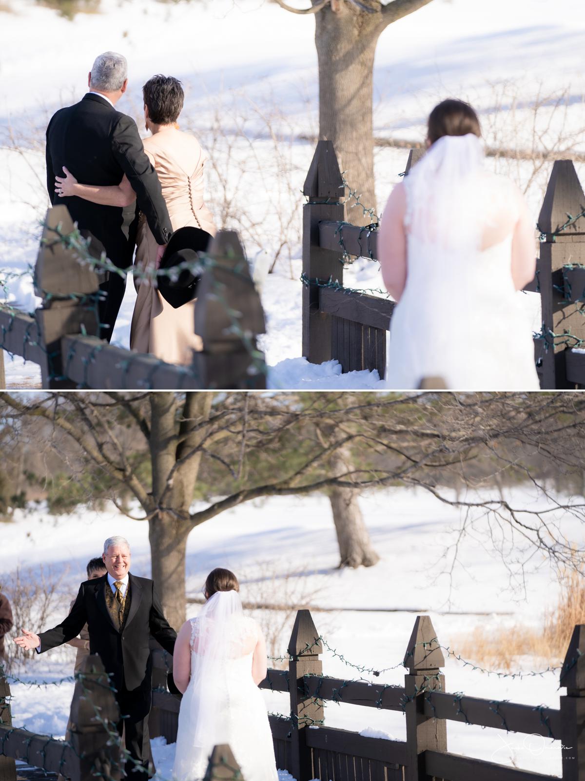 bride surprising her dad with first look