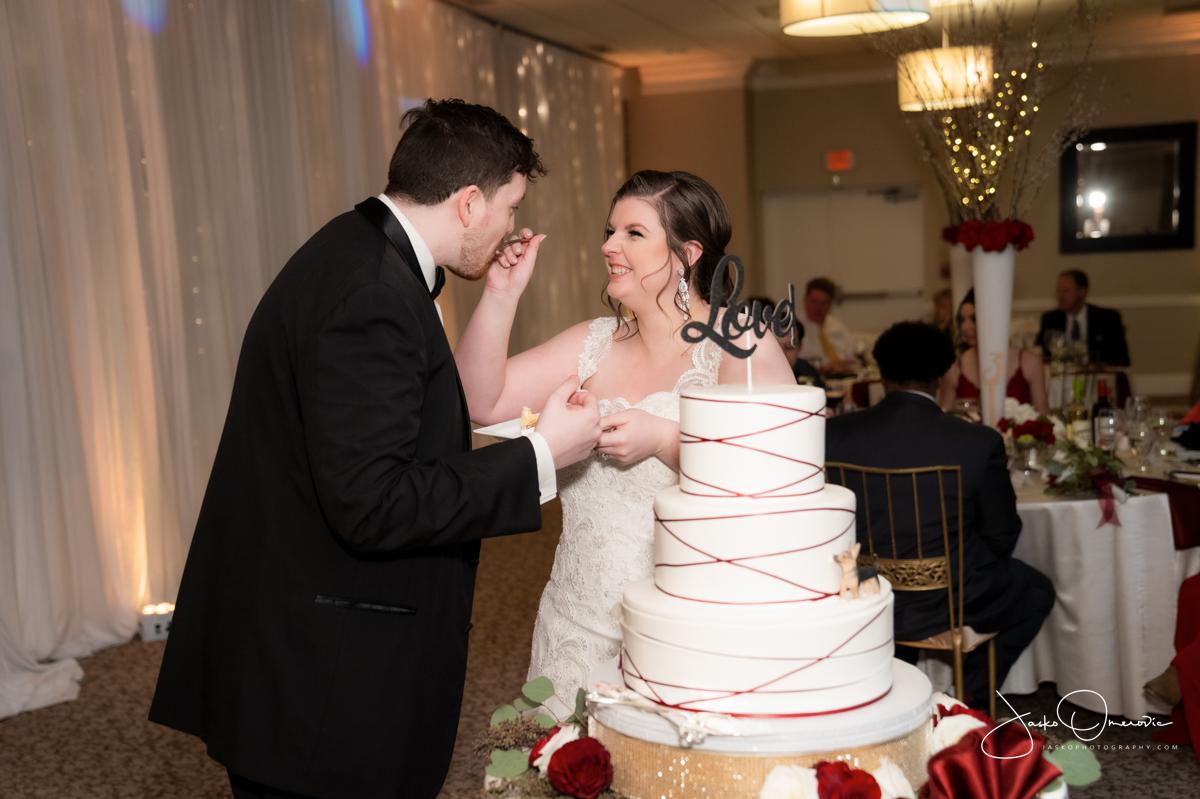 bride and groom cake cutting at a wedding