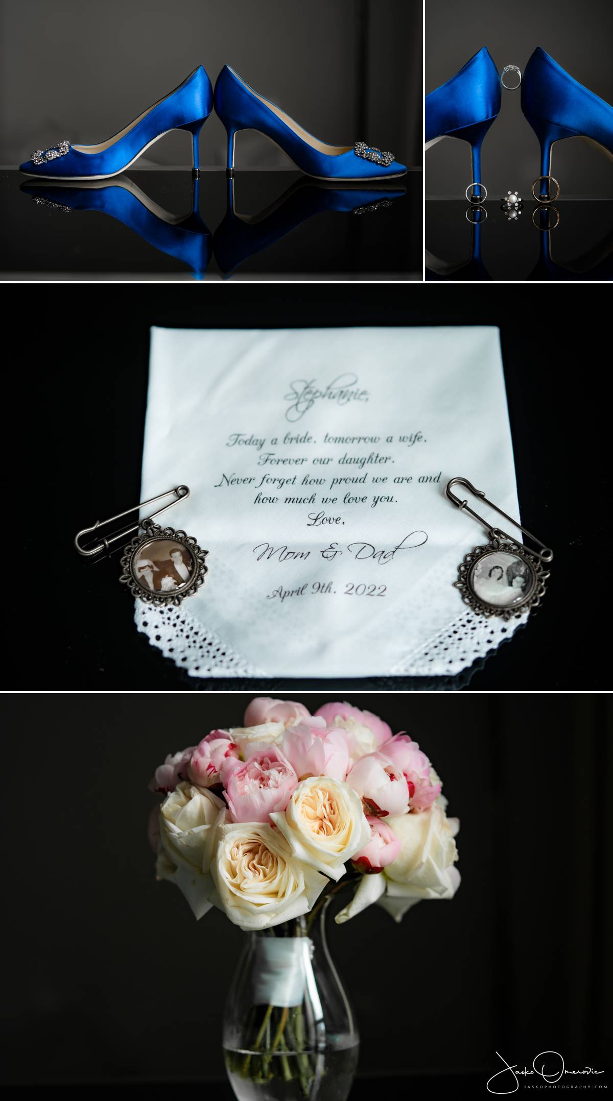 collage of wedding details, rings and flowers