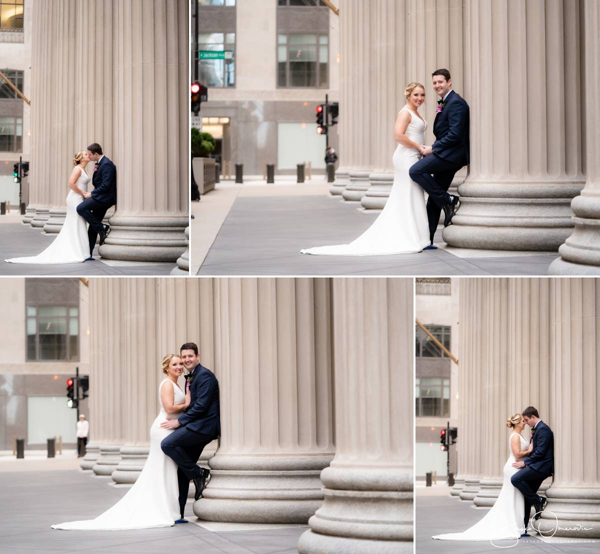 chicago wedding photography with bride and groom leaning on architectural polls