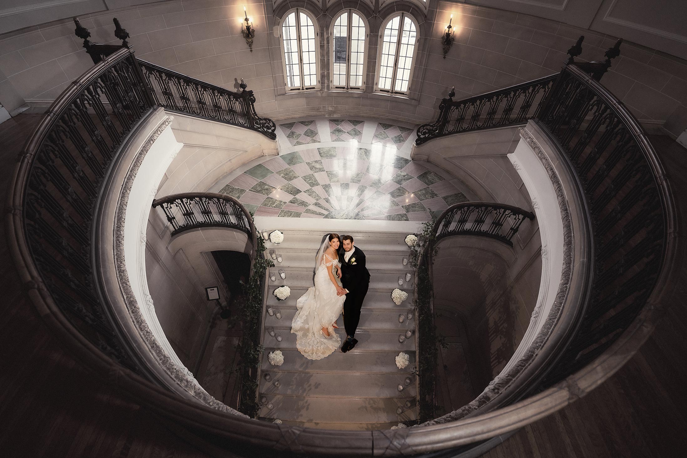 Bride and Groom North Shore Wedding at Armour House Grand Staircase