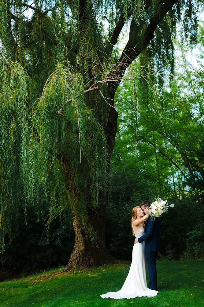 intimate couple moment under a willow tree