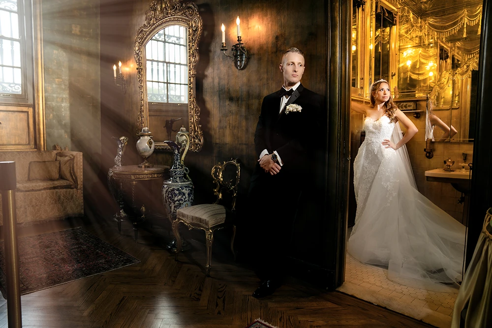 Editorial wedding portrait of a couple in in a room full of details and renaissance elements at Cuneo Mansion in Vernon Hills