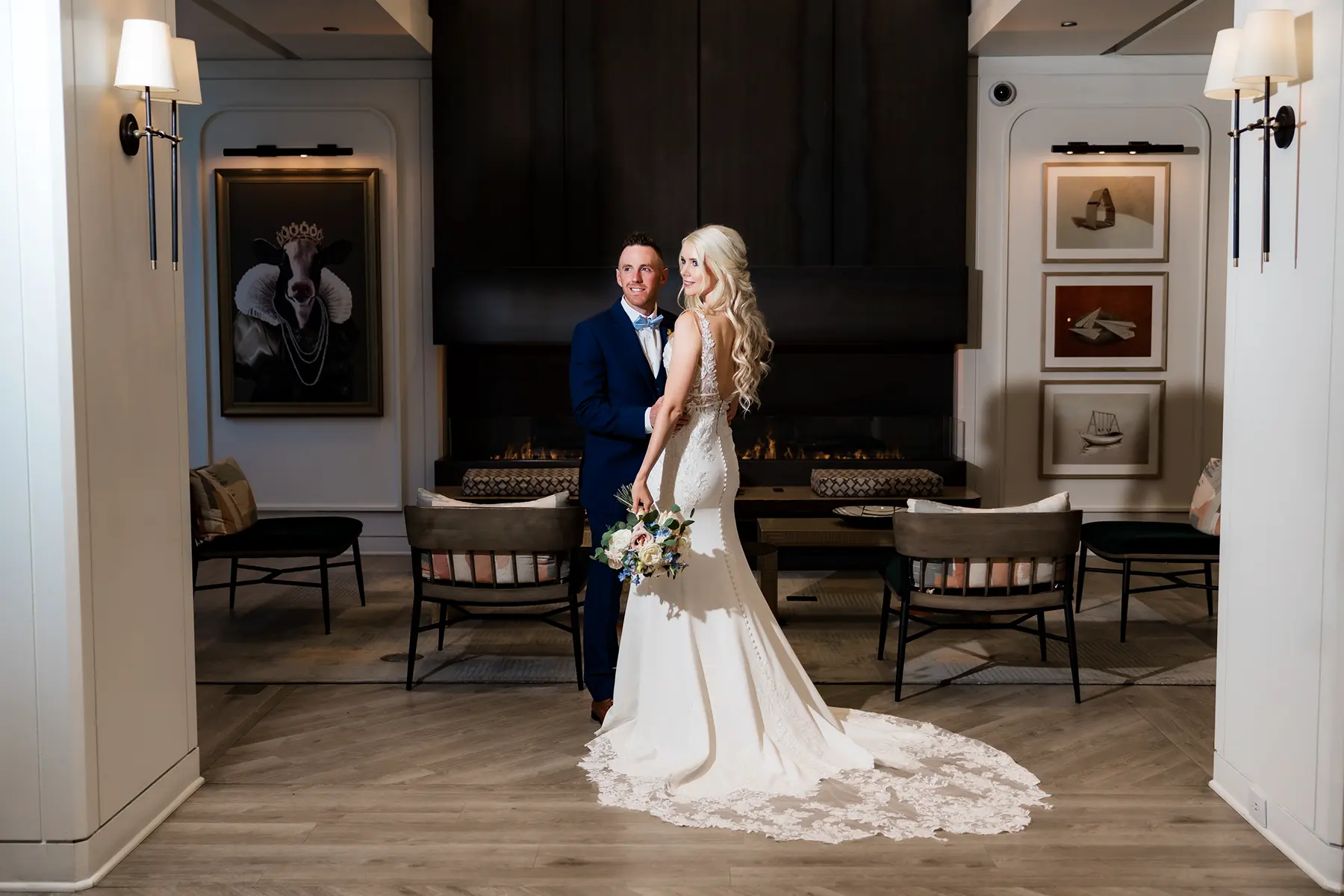 Bride and groom photographed inside Royal Sonesta Chicago Downtown during their wedding, with modern architecture and city-inspired interior design