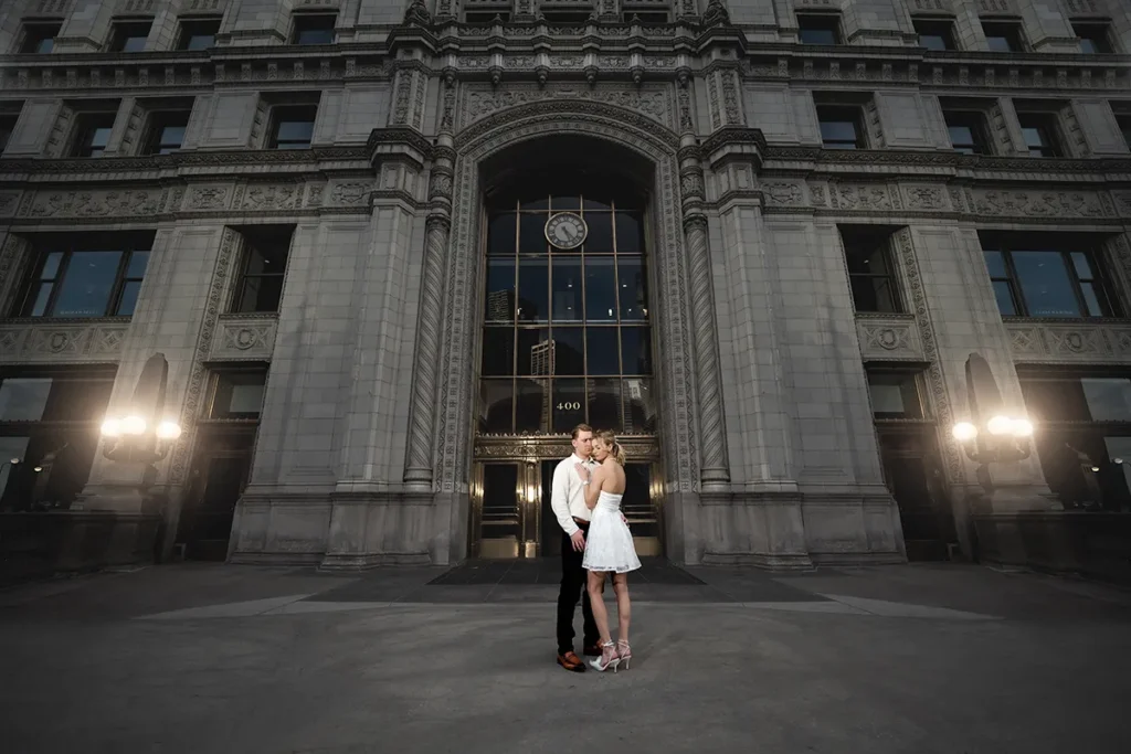 chicago engagement photography on riverwalk dramatic and editorial