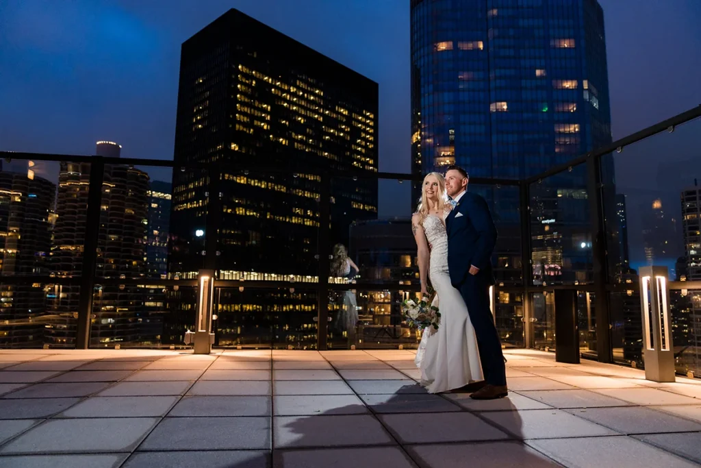 wedding portrait at royal sonesta chicago downtown with dramatic and editorial lighting