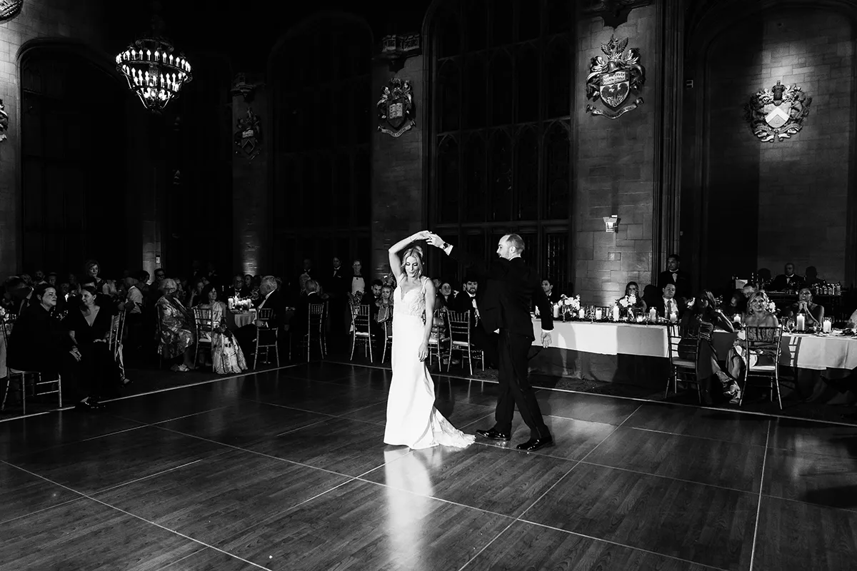 Wedding reception at the University Club of Chicago with warm, cinematic lighting