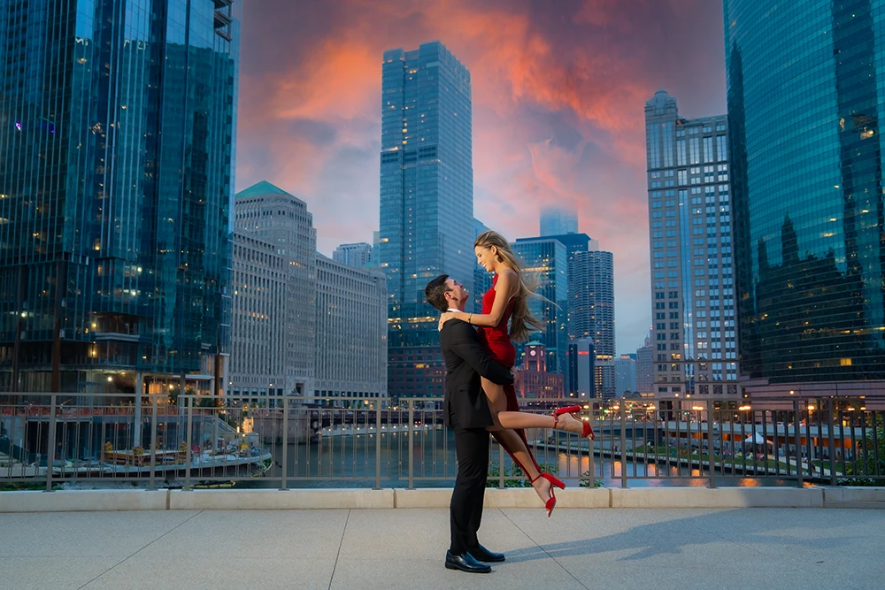 chicago skyline sunset engagement portrait