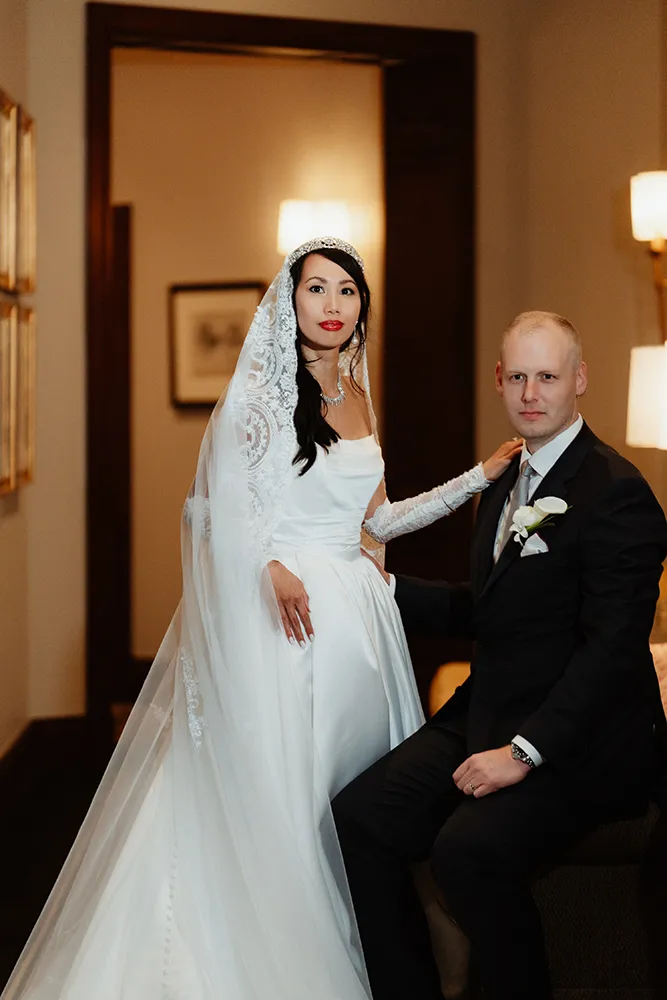 formal wedding portrait bride and groom at sunset ridge club wedding