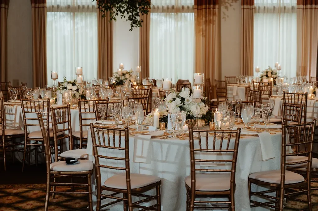 details and tables for a wedding at sunset ridge country club wedding